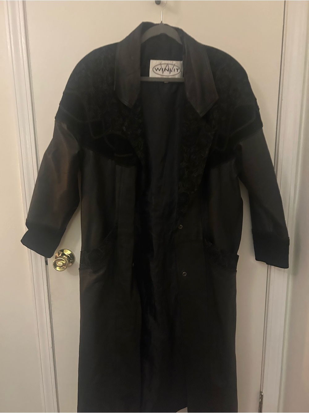 Winlit Genuine Leather Patchwork Long Coat Black Floral Y2K Size M